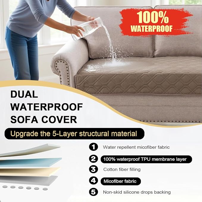 PrinceDeco Waterproof Couch Cover for Dogs Washable Dog Blanket for Bed Couch Sofa Outdoor Bed Cover with Non-Slip Back(32x74 Inch,Taupe)