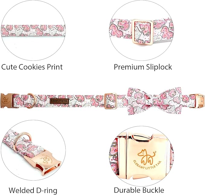 Elegant Little Tail Pink Elephant Cookies Print Cotton Soft Durable Adjustable Dog Collar with Bow for Small Dogs