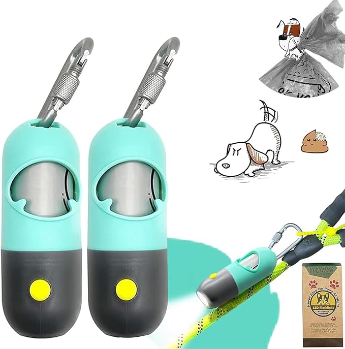 Dog Poop Waste Bags Holder with LED Flashlight|Cute Doggie Poo Bags Dispenser for Pet Leash|Trash Waste Bags Carrier with Potty Bags Clip Fastener LR44 Button Cells Included(2 Pack) (Mint Green)