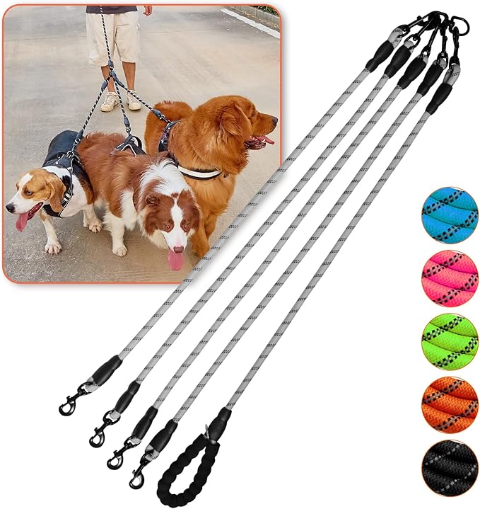 4 Way No Tangle Dog Leash - 360° Swivel Leash for Four Dogs, Reflective Design for Small Medium Large Dogs (Grey, 4 Way)