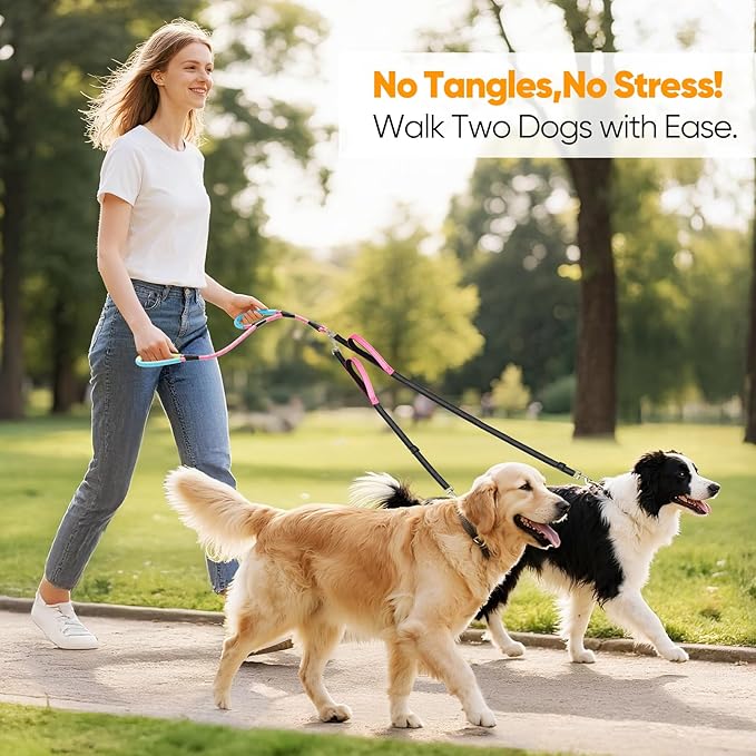 XiaZ Double Dog Leash for Two Dogs, Heavy Duty Dual Dog Leash No Tangle, Adjustable Split Multiple Leash for Walking 2 Dogs, Highly Reflective Puppy Lead for Large Medium Dogs, 1/2”Pink