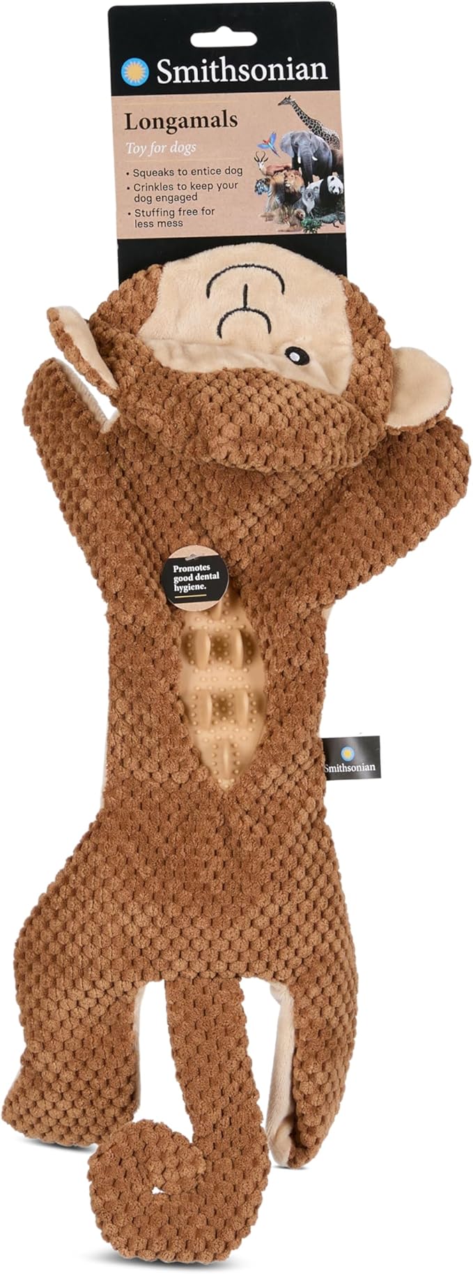 Smithsonian Longamals Monkey Plush Dog Toy – 20" Crinkle & Squeaky, Stuffing-Free Interactive Tug Toy for Medium & Large Dogs