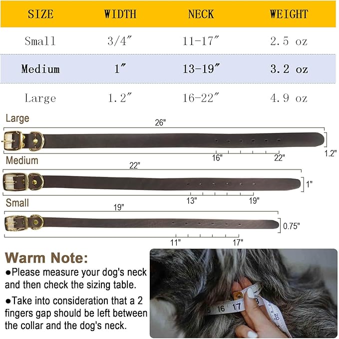 Leather Dog Collar Heavy Duty Hardware Dog Collars Full Grain Ultra Soft and Comfort Genuine Cowhide Metal Buckle Thick Belt Collar for Small Medium Large Pets (Medium (13-19" Neck))