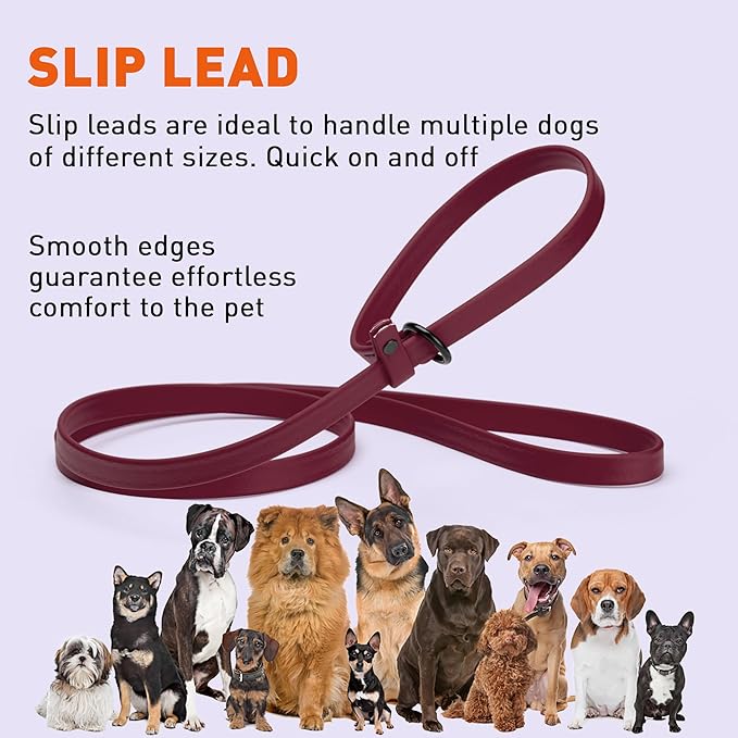Dogline Biothane Slip Dog Leash - for Small, Medium and Large Dogs - Odor Free Slip Lead, Heavy Duty and Durable Material Kennel Lead - Merlot Burgundy - 5ft L x 3/8in W