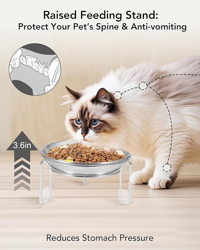 Elevated cat Bowl, Raised Stainless Steel Cat Food and Water Dishes, Small Dog Bowl, Whisker Friendly, Anti-Vomiting, Neck Stress-Free, Non-Slip Stainless Steel Stand with 3 Legs- 2Pack