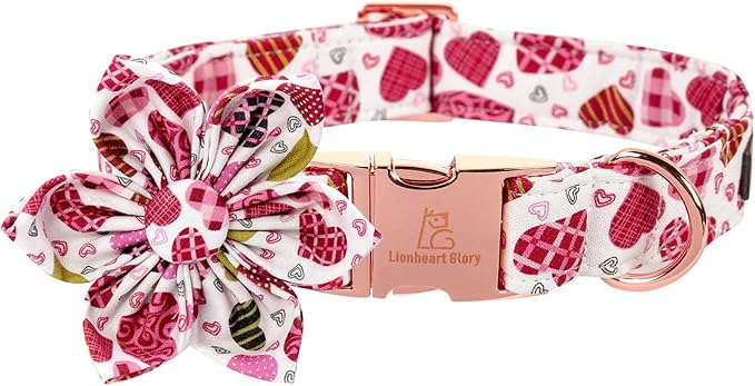 Lionheart Glory Heart Dog Collar, Valentine's Day Dogs Collar with Flower, Cute Floral Pattern Pet Collars Adjustable Dog Collars for Large Dogs