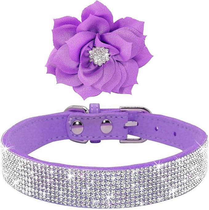 Cute Dazzling Sparkling Elegant Fancy Soft Suede Leather Bling Rhinestone Crystal Jeweled Pet Cat Dog Puppy Collar Dog Leash Combo Set (S(Neck 10-12.5"), Purple-6)