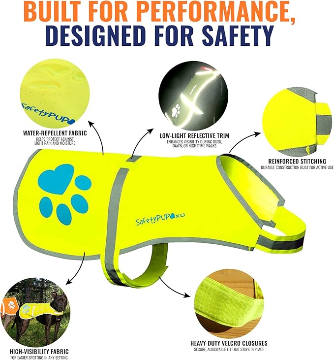 SafetyPUP XD Dog Reflective Vest – Hi-Vis Fluorescent Visibility That Helps to Safeguard Your Pet On/Off Leash in Urban & Rural Areas (Yellow, Large)