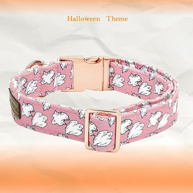 Elegant little tail Halloween Dog Collar, Pink Ghosts Print Dog Collar with Flower Puppy Collar Flower Female Cotton Adjustable Collars for Small Medium Large Dogs