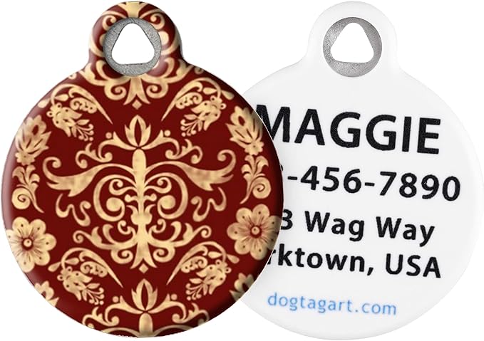 Dog Tag Art Vintage-Retro ’60s Mod Custom Pet ID Tag for Dogs and Cats, Personalized Dog Tag with Customized Identification Info, Red Baroque, Large (1.25" Diameter)