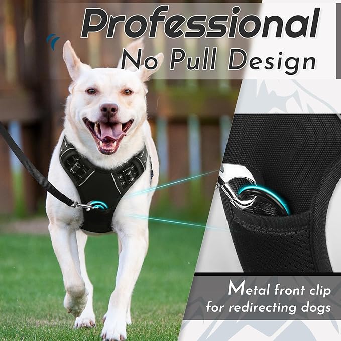 Eagloo Dog Harness Medium Sized Dog, No Pull Service Vest with Reflective Strips and Control Handle, Adjustable and Comfortable for Walking, No Choke Pet Harness with 2 Metal Rings, Black, M
