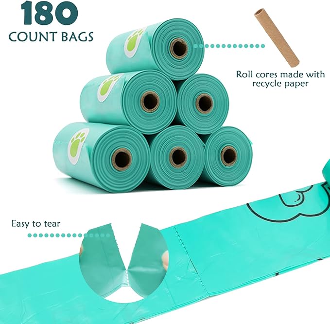 Dog Poop Bags Holder with LED Flashlight|Pet Waste Bags Dispenser for Leash|Doggie Potty Bags Container with Leak-proof Pet Trash Bags and Accessories (180 Bags, Crystal Blue)