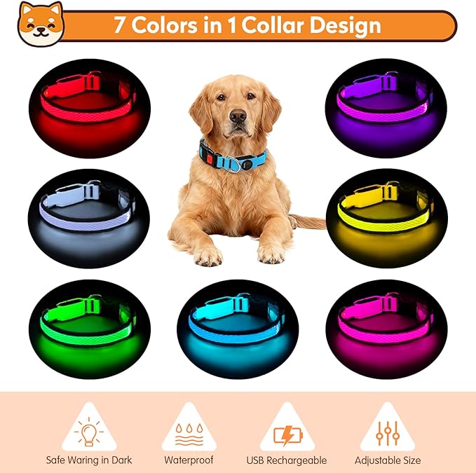 LED Dog Collar, Light Up Dog Collar USB Rechargeable, Nylon Adjustable Comfortable Soft Bright RGB 7 Colors Changeing Safety Light Glowing Collar for Medium and Large Dogs(Large,Blue)