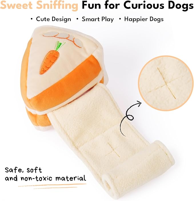 CHEWFFON Dog Puzzle Snuffle Toy, Carrot Cake Treat-Hiding Enrichment Toy for Boredom Relief and Mental Stimulation, Squeaky Cake Gift, Interactive Play for Small and Medium Dogs