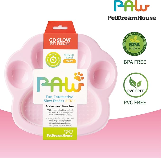 PetDreamHouse PAW 2-in-1 Mini Slow Feeder Dish & Lick Pad for Small Dogs & Cats, Paw-Shaped Slow Feeding Dish with an Interchangeable PAW Lick Pad.
