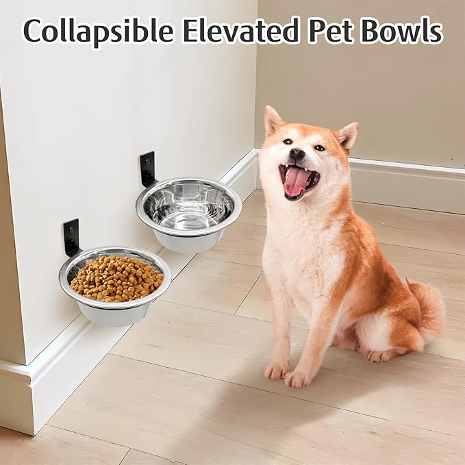 Hamiledyi 4 Pack Wall Mounted Elevated Dog Bowls - Adjustable Height Stainless Steel Raised Food & Water Bowls with Collapsible Stand for Medium & Large Dogs & Cats (M)