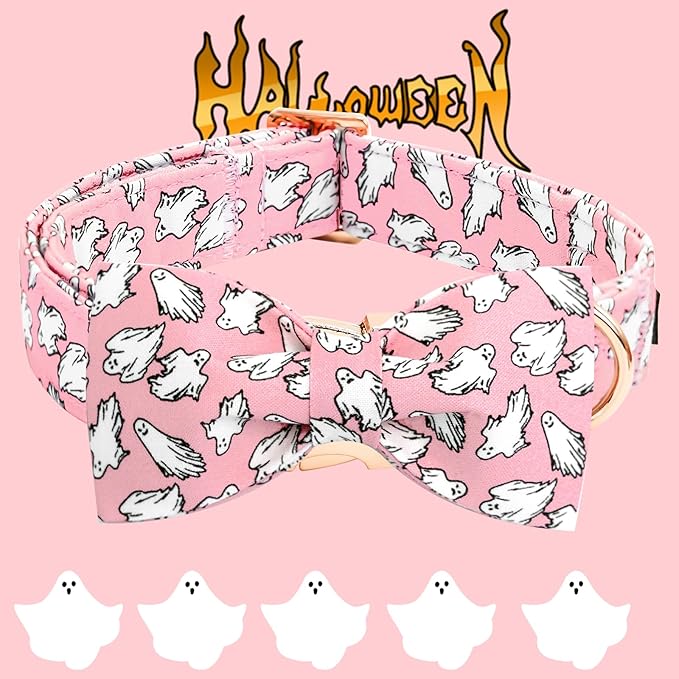 Elegant little tail Halloween Dog Collar, Pink Ghosts Print Dog Collar with Bow Puppy Collar Bowtie Flower Female Cotton Adjustable Collars for Small Medium Large Dogs
