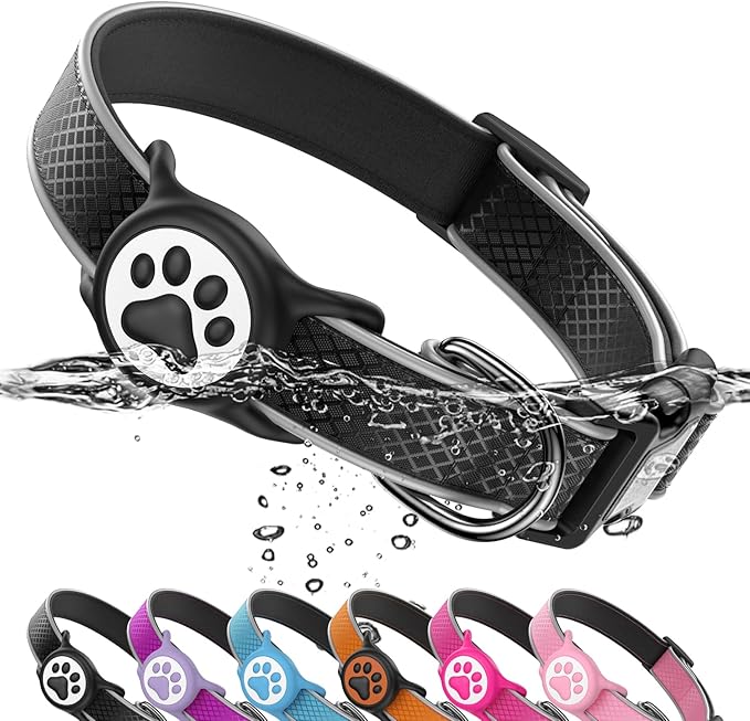Reflective Dog Collar with Air tagholder, IPX8 Waterproof Air tagholder | Ultra-Durable | Soft Padded | Safety Locking Buckle | Fit Large Dogs (Black L(15.7"-23.6"))