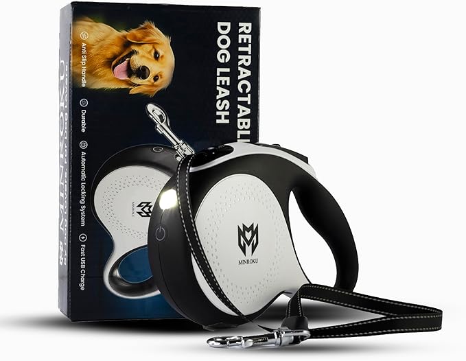 Retractable Dog Leash with LED Light – 360° Tangle-Free 16ft Heavy - Duty Nylon Tape Leash | One-Hand Brake, Pause & Lock System | Medium Dogs (White)
