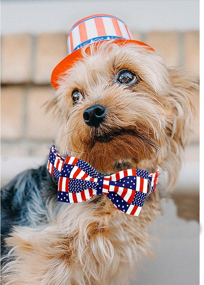 Lionheart glory American Flag Dog Collar 4 of July Independence Patriotic Dog Bow Collars Heavy Duty Adjustable Soft Collar with Bowtie for Large Dogs Pet Gift