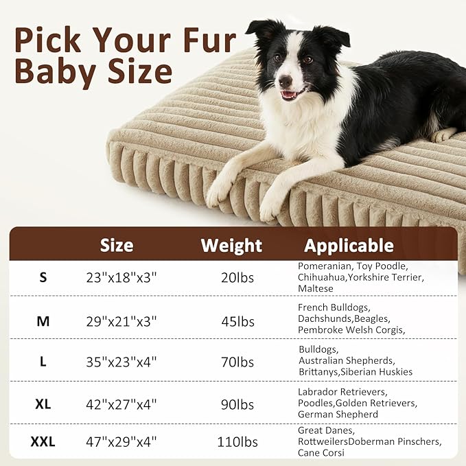 Dog Beds Large Sized Dog, Flat Pet Beds with Removable Washable Cover, Pet Mat Cute Pet Crate Bed Thick Shredded Chopped Crate Foam & Anti Slip Bottom for Indoor, 35"x23"x4" Beige