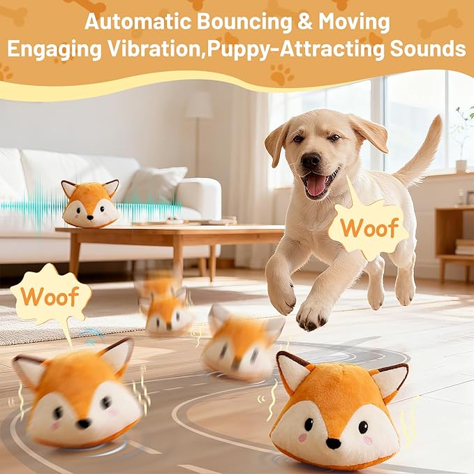 Interactive Fox Puppy Toy for Anxiety & Boredom Relief - Automatic Self-Moving, Bouncing & Vibrating with Sound for Mental Stimulation | Rechargeable & Chew-Resistant for All Breed Sizes