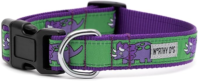 THE WORTHY DOG Collar for Small Dogs, Adjusts 9-15 inches, Durable Nylon Webbing, Quick Release Buckle, Triceratops Pattern, Green, Small