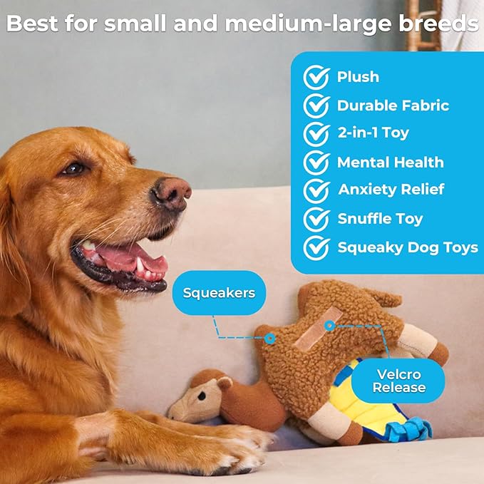 Dog Toys Plush with Squeaky & Treat Hiding Features - Mental Stimulation Enrichment Toy for Large Breed Dogs - Machine Washable Slow Feeder to Keep Dogs Busy，Sahara Camel