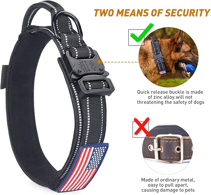 AUBELL Reflective Tactical Dog Collar,Adjustable Military Heavy Duty K9 Collars with Handle and Quick Release Metal Buckle Great for Extra Large Dogs, with Airtag Case and 2 Patches (Black,XL)