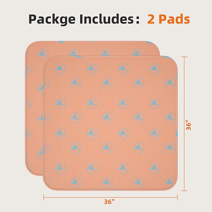 PJYuCien Washable Pee Pads for Dogs 2 Pack, 36" x 36" Non-Slip and Leak-Proof Pee Mat, Puppy Training Pads for Whelping, Playpen, Crate, Bed(Orange)
