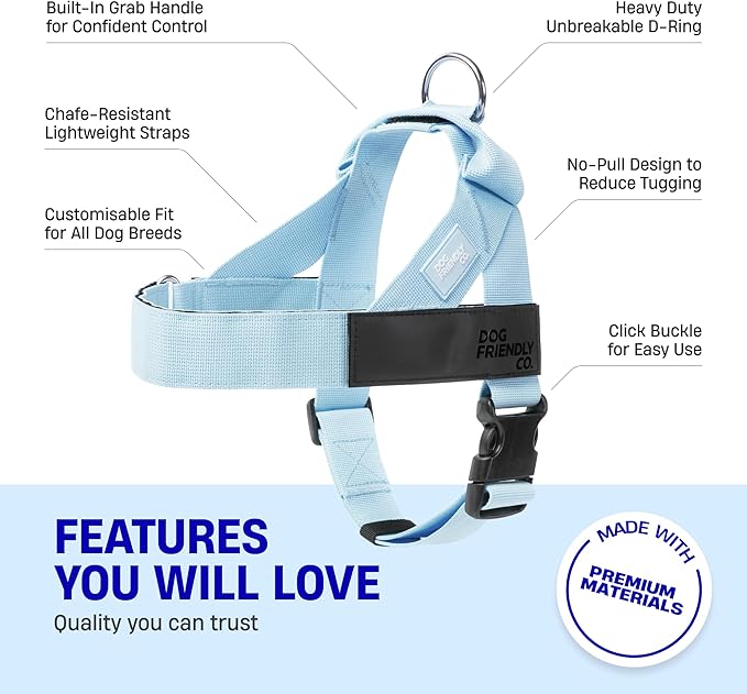 DF Co. Dog Harness | Chafe Resistant Webbing, Adjustable Neck & Chest, and Heavy Duty D-Ring | Sturdy, Comfortable, Easy to Use | Sky Blue, Size XL