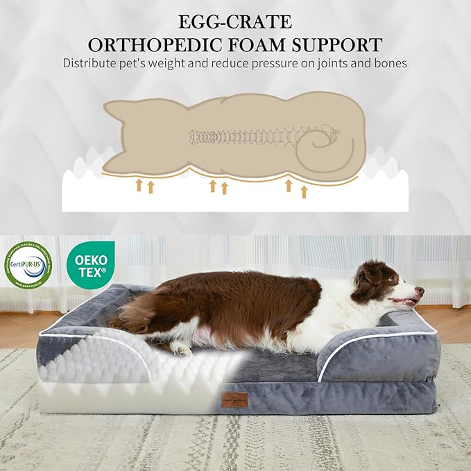 Comfort Expression Orthopedic Dog Bed for Extra Large Dogs 45x35 Inch, Waterproof Egg Crate Foam XL Pet Bed with Removable Bolsters, Dog Couch with Washable Cover & Non-Slip Bottom, Dark Grey