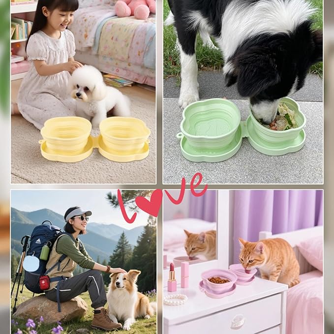 Large Dog Bowl Collapsible Dual Pet Bowl Flip Over Foldable Travel Food & Water Bowls for Dogs & Cats, Lightweight Portable 2-in-1 Double Feeder, 16.9 oz Each Bowl (Green)