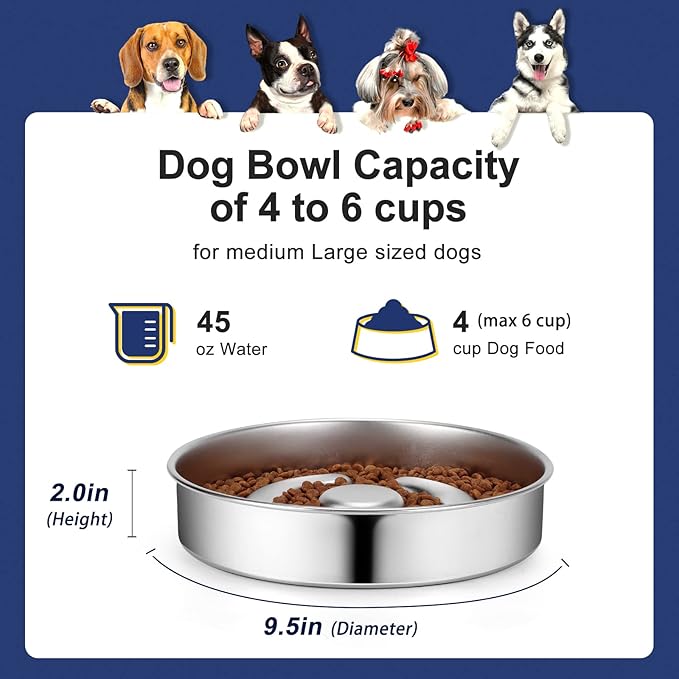 Stainless Steel Non Slip Slow Feeder Dog Bowl, 4 Cups Metal Dog Food Bowls for Medium and Large Dogs, Fun Bloat Stop Pet Bowl Dogs Water Bowl for Fast Eaters, Slows Down Pets Eating