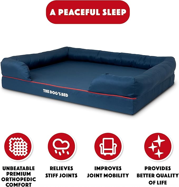 The Dog’s Bed Orthopedic Memory Foam Dog Bed with Bolsters, Oxford Fabric, Blue with Dark Red Trim, XL