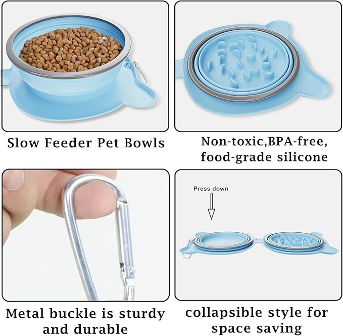 Dog Bowls Pet Collapsible Slow Feeder Outdoor, Dog Travel Bowls Portable Foldable Cat Water Dish Bowl for Pets Walking Parking Camping (Gray(Two Bowl Slow Feeder))