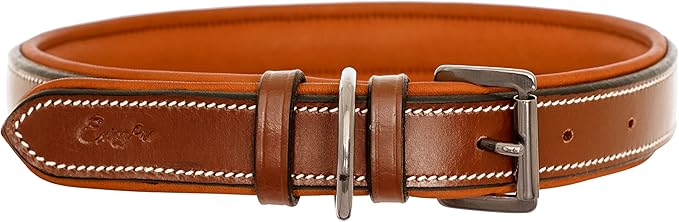 Exion Geniun Leather Dog Collar Designer Stitched Soft Leather Padded- Suitable for Small Medium Large X-Large Dogs for Walking Running- Conker with Conker Padding