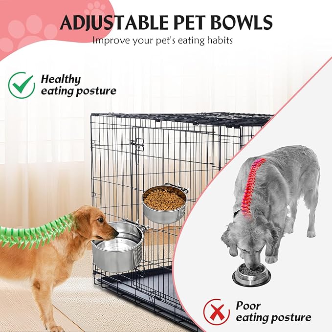 Large 2 Packs Hanging Water Bowls for Dog Crate Stainless Steel Kennel Water Bowl No Spill Adjustable Dog Water Dish for Medium Large Dogs Huge Pets (7.1 * 4.3”& 6.3 * 2.3”)