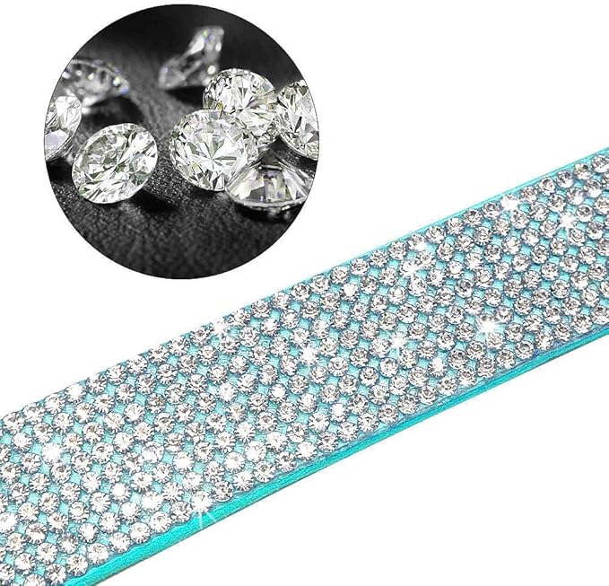 Cute Dazzling Sparkling Elegant Fancy Soft Suede Leather Bling Rhinestone Crystal Jeweled Pet Cat Dog Puppy Collar Dog Leash Combo Set (XS(Neck8-10), Blue-6)
