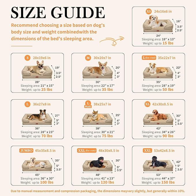 Comfort Expression Orthopedic Dog Bed for Extra Large Dogs 45x35 Inch, Waterproof Egg Crate Foam XL Pet Bed with Removable Bolsters, Dog Couch with Washable Cover & Non-Slip Bottom, Light Brown