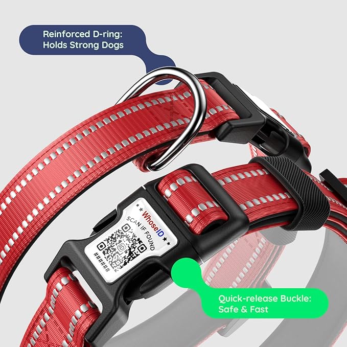 Airtag Dog Collar, Reflective Ultra-Durable Nylon Padded with QR Code Buckle & IP68 Waterproof Air Tag Holder Compatible for Apple AirTag, Comfortable for Small Medium Large Dogs(Red,L)
