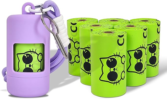 Dog Poop Bags with Dispenser & Holder, Guaranteed Leak Proof, Unscented Extra Thick Heavy Duty Tear-resistant 18-Micron Waste Bag Refill Rolls (Purple (105-Bags, 1-Dispenser))