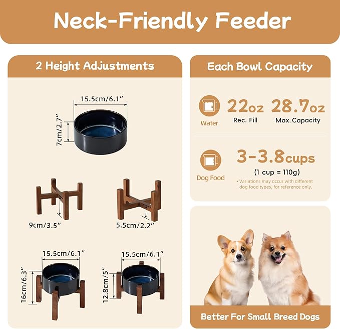 Ceramic 6.1inch Raised Dog and Cat Bowl Set, 2 Heights Elevated Wooden Stand for Small Breed Dogs, Weighted Pet Food and Water Dishes(6.1'',28.7oz, Starry Sky)