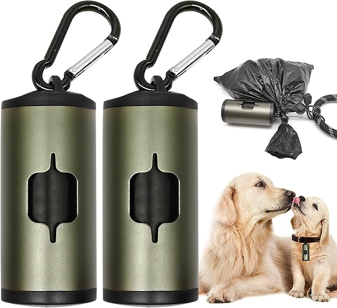 Aluminum Dog Poop Bags Holder with Carabiner Metal Pet Waste Bags Dispenser with Hook and Loop Fastener and Elastic Cord to Carry Used Bags (Olive Green)