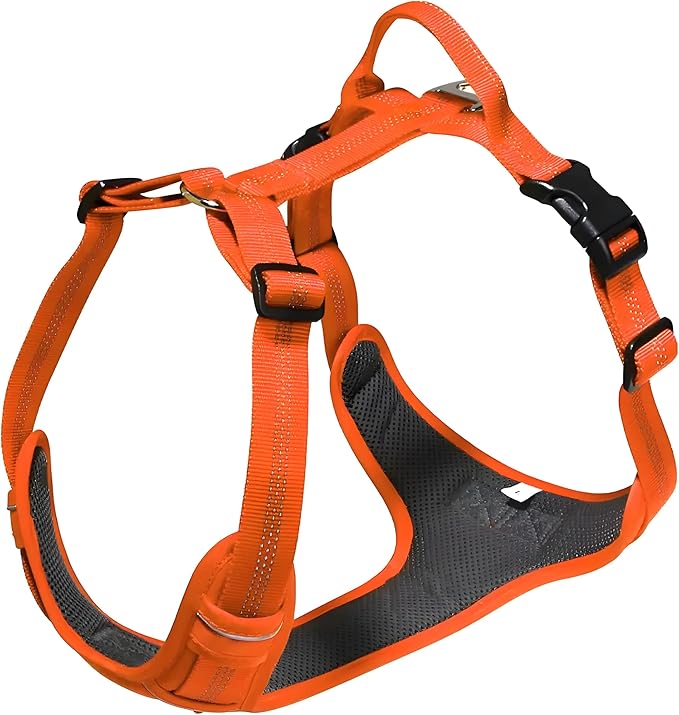 No Pull Dog Harness for Extra Large Dogs, Adjustable, Reflective Breathable Padded Vest with 2 Metal Leash Clips and Handle for Control or Car Seatbelt Use, Orange, XL