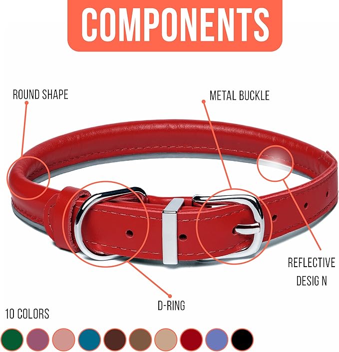 OOPSDOGGY Rolled Leather Dog Collar Reflective Roll Collars for Small Medium Large Dogs Puppy (Red, XS, 8''- 11'')
