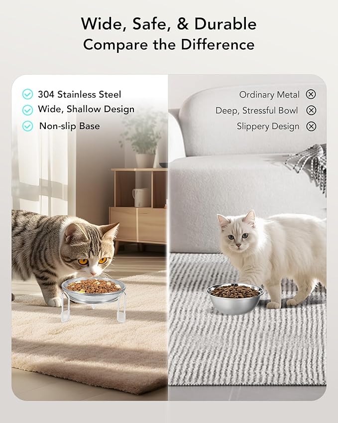 Elevated cat Bowl, Raised Stainless Steel Cat Food and Water Dishes, Small Dog Bowl, Whisker Friendly, Anti-Vomiting, Neck Stress-Free, Non-Slip Stainless Steel Stand with 3 Legs- 2Pack