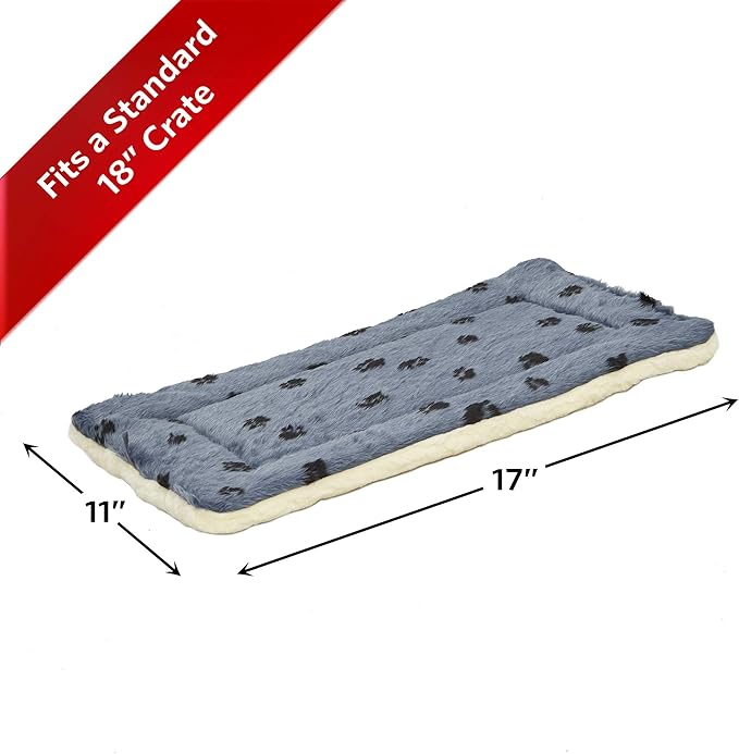 MidWest Homes for Pets XXS QuietTime Reversible Paw Print Pet Bed, Soft Faux Fur & Fleece 18-Inch Crate Mat for Small Dogs & Cats, Machine Washable, Blue and Cream