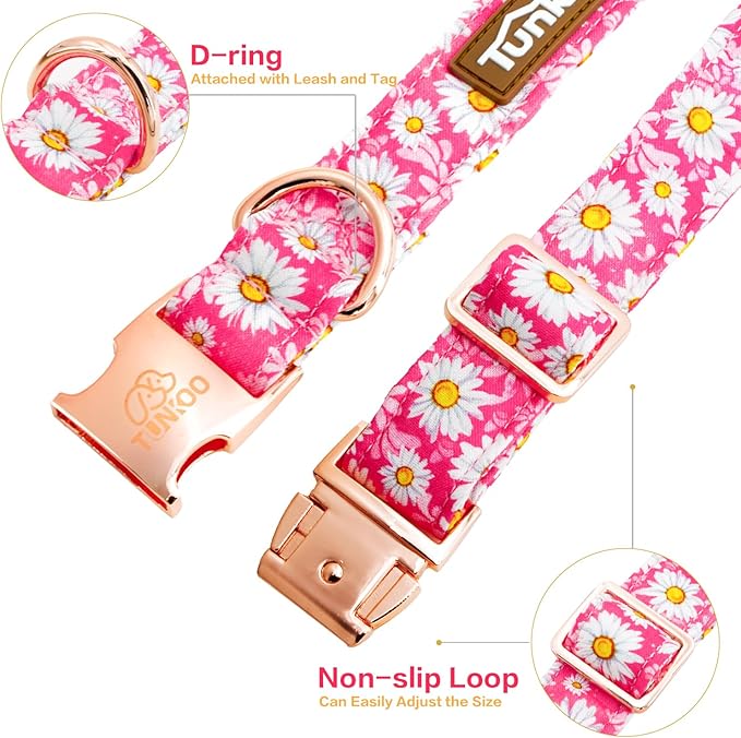 Tunkoo Pink Daisy Dog Collar with Cute Flower Bow Tie, Adjustable Premium Cotton Collar Durable Metal Buckle for Small Medium Large Boys Girls Dogs, S