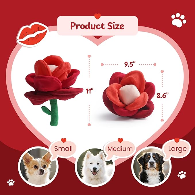 Nocciola Valentine Day Tearable Pull Apart Dog Toy, Interactive Rose Plush with Squeaky & Crinkle, Hide Treats Puzzle Toy for Aggressive Chewers, Gift for Small Medium Large Dogs